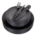 EI 150pcs Black Plastic Plates Frosted Plastic Plate,Premium Heavy Duty Black Plastic Plates,Black Disposable Plates with Plastic Silverware,10.25" Dinner Plates and 7.5" Dessert Plate Wedding Party - color: Black Frosted Plastic Plates