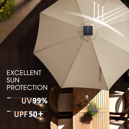 wikiwiki 10FT Solar Led Patio Umbrella with Base Included, 32 LED Lights, 8 Sturdy Ribs, Fade Resistant Waterproof POLYESTER DTY Canopy for Garden, Lawn, Deck, Backyard & Pool, Beige - color: Beige, size: 10FT