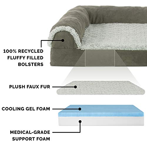 Furhaven Cooling Gel Dog Bed for Medium/Small Dogs w/ Removable Bolsters & Washable Cover, For Dogs Up to 35 lbs - Two-Tone Plush Faux Fur & Suede L Shaped Chaise - Dark Sage, Medium - color: (Two-Tone Faux Fur & Suede) Dark Sage, size: Medium
