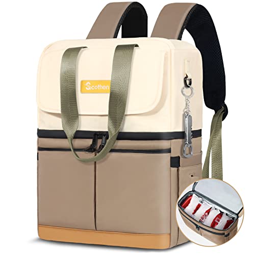 Scothen Backpack Cooler with Double Decker & 12 Ice Packs- Keeps 36 Cans Cold for Up to 24 Hours- Waterproof & Leak Proof Insulated Cooler Backpack- Stylish Cooler Bookbag for Women Travel Work Beach - color: Khaki
