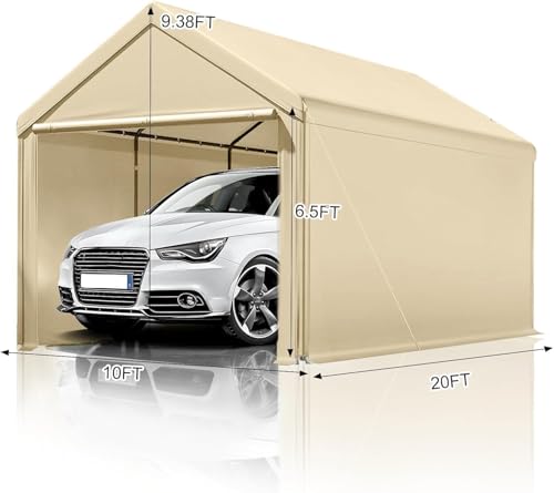Carport, 10x20ft Heavy Duty Car Port, Portable Garage with Steel Frame, Carports Canopy Storage Shed Party Tent with Waterproof Tarp for Car Boat Truck (Beige) - color: Beige