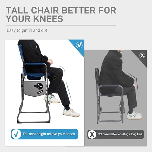 EVER ADVANCED Portable 30.7" Seat Height Tall Folding Camping Chair Directors Chair High Foldable Bar Stool with Side Table for Makeup Artist, Sports Event, Craft Show, Supports 350LBS - color: Blue Grey
