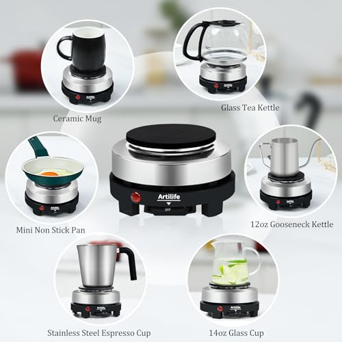 Artilife 500W Mini Electric Hot Plate - Moka Pot Special, 110V Compact RV Camping Stove, 4" Cast Iron Burner for Coffee, Low Wattage Portable