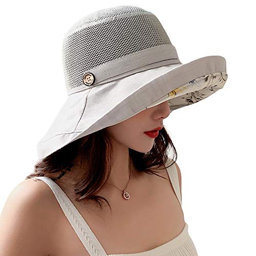 Women Mesh Sun Hats Summer Beach UV Protection UPF Packable Wide Brim Chin Strap - color: Grey