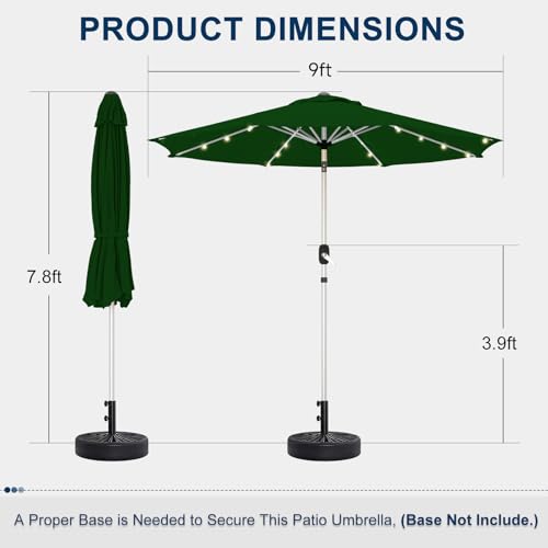 9FT Aluminum Patio Umbrella with 40-LED Solar Lighted, Fade-Resistant Outdoor Market Table Umbrella with Push Button Tilt Function, 8 Sturdy All-Aluminum Ribs for Gardens, Decks, Backyards & Pools - color: Green, size: 9FT 40LED-1Tier (Aluminum Umbrella)