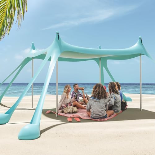 Gardentime Beach Tent Canopy with 8 Sandbags 4 Aluminum Poles, Pop Up Portable Camping Sun Shelter, Easy Set Up with 2 Sand Shovel, Ground Pegs, Carrying Bag for Outdoor Beach,Picnic, Fishing - color: Turquoise