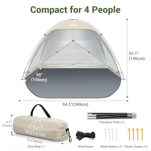 Wolfwise Large Beach Tent Sun Shelter for 3-4 Person, Spacious Sun Shade UPF 50+ UV Protection, Extendable Floor for Privacy, 3 Ventilated Mesh Windows, Portable with Carrying Bag, 95 ″x65″x55″,Beige - color: Beige