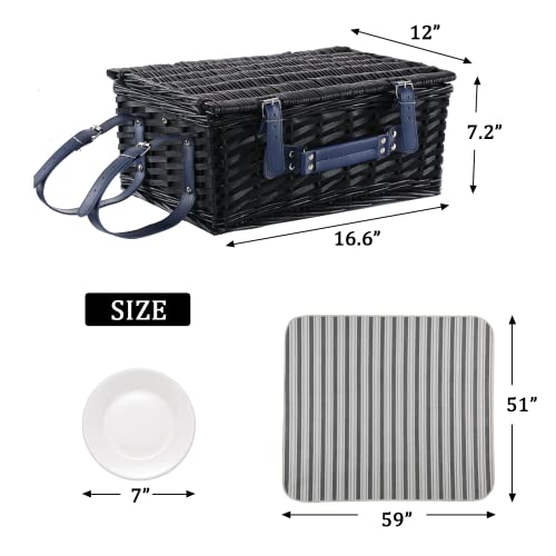 Wicker Picnic Basket for 4 with Waterproof Picnic Blanket and Insulated Cooler, Willow Hamper for Camping, Outdoors, Photoshoot, or a Birthday, Mother's Day, Wedding Gift, Black - color: Grey＆white Stripe