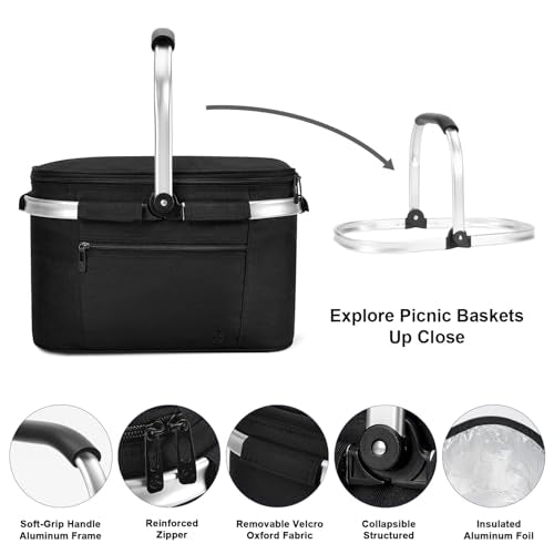 ALLCAMP Picnic Basket - Insulated Cooler, Thickening Foldable Picnic Basket with Removable Baskets & Sewn-in Frame, Basket for House Warming Gifts New Home(Jet Black) - color: Jet Black, size: Medium