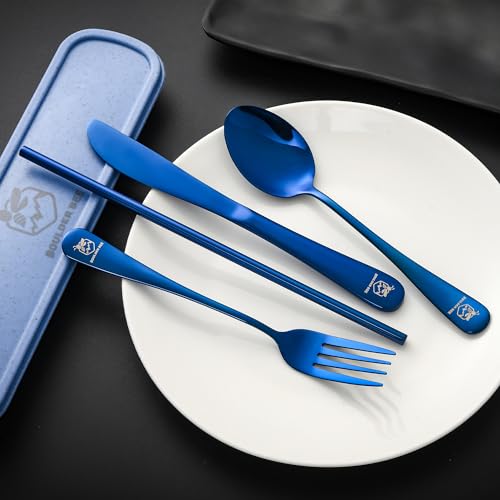 Boulder Bee | Travel Utensils Set | Reusable Camping Cutlery Set | Stainless Steel Flatware Set | Portable Silverware Set with Case | Includes Knife/Fork/Spoon/Straw/Cleaning Cloth/Case (Blue) - color: Blue