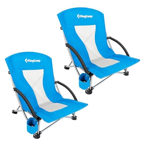 KingCamp Low Beach Chair, High Back Folding Camping Chair for Adults, Oversized Breathable Mesh Seat, 300lbs Heavy Duty Portable Chair with Cup Holder & Storage Pockets for Beach, Outdoor - color: Ergobreeze C Blue 2pcs
