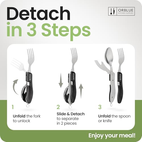 Orblue 4-in-1 Camping Utensils, 1-Pack, Portable Stainless Steel Spoon, Fork, Knife & Bottle Opener Combo Set - Travel, Backpacking Cutlery Multitool, Black - color: 1-PACK Boundless Black