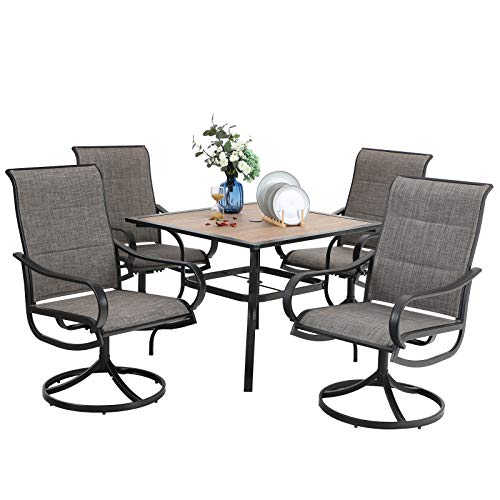 PHI VILLA 5 PCS Patio Dining Set with 4 Padded Outdoor Swivel Dining Chairs and 37"x 37" Premium PVC Table Top Dining Table(1.57" Umbrella Hole), Outdoor Dining Table & Chair Set for Deck Lawn Garden - color: Brown Padded Fabric, size: 37"L x 37"W x 28"H-