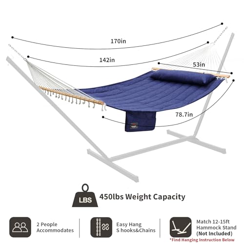 Double Quilted Fabric Hammock with Hardwood Spreader Bars and Pillow 450 LBS Capacity 2 Person Large Hammock for Outdoor Patio Backyard Poolside - Dark Blue - color: Dark Blue