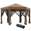 Outsunny 13' x 11' Hexagonal Pop Up Gazebo, Heavy Duty Outdoor Canopy Tent with 6 Mesh Sidewall Netting, 3-Level Adjustable Height and Strong Steel Frame, Brown - color: Brown