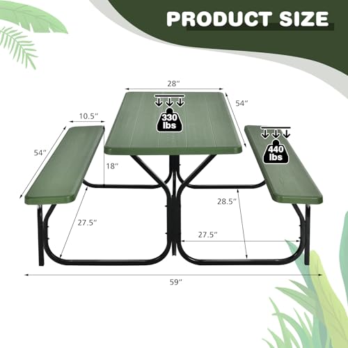 Moccha Picnic Table Bench Set - Portable Plastic Picnic Table w/Steel Frame & Wood-Like Texture, All Weather Heavy Duty Picnic Table Kit, Picnic Tables for Outdoors Garden Patio Party Dining (Green) - color: Green