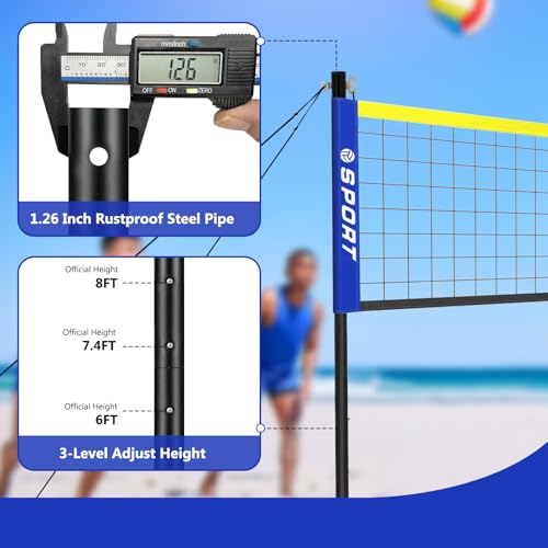 Beach Volleyball Net System with 4 Sand Anchors.Easy Setup Adjustable Height Poles with 2 Volleyball Ball,Pump,Boundary Line，Carry Bag.Volleyball Net for Backyard,Grass and Lawn - size: 32.1FT