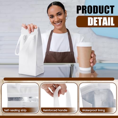 50 Pcs White Insulated Single Cup Drink Carrier Bags Bulk Thermal Insulation Take Away Bags Portable Takeout Coffee Carrier Reusable Carriers with Handle for Hot Cold Beverage - color: White