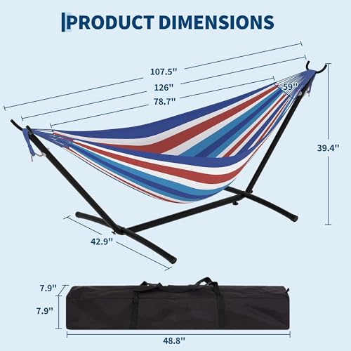 Double Hammock with Stand, 450lbs Capacity Heavy-Duty Steel Frame, Portable Space-Saving Design with Carry Bag for Indoor & Outdoor Use, Blue&White Red - color: Blue Red White Stripes