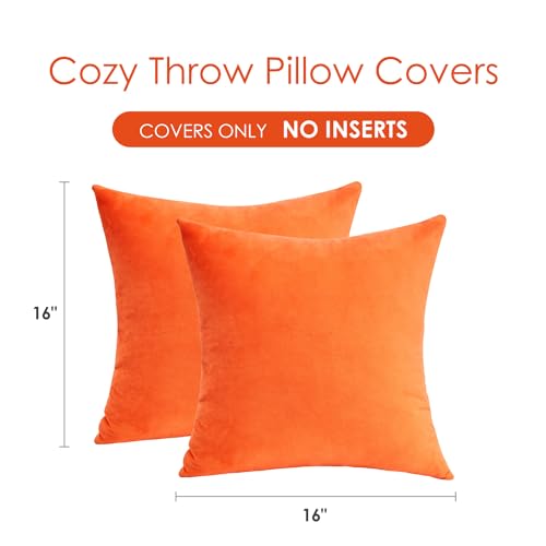 Fall Orange Throw Pillow Covers Decorative Velvet Set of 2 16x16 Inch Pillow Covers, Soft Burnt Orange Pillowcases for Couch Sofa Bed Living Room, Farmhouse Boho Decor, Accent Cushion Covers - color: Bright Orange, size: 16" x 16" (Pack of 2)