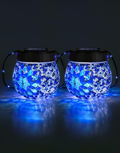 Mosaic Solar Lights Outdoor 2 Pack, Solar Hanging Lanterns Christmas Halloween Gifts for Women Mom Grandma, Waterproof Glass Globe Lights, Garden Patio Decor for Yard, Tree, Balcony, Cold - color: Blue, size: 2