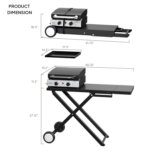 ROVSUN 2 Burner Foldable Propane Griddle with Wheels, Enameled Tray & Lid, 20000 BTU Portable Rolling Flat Top Gas Grill with Electronic Ignition & Regulator for Outdoor Cooking Camping BBQ Tailgating - size: 2 Burner With Lid