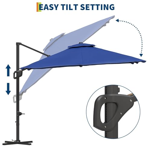 9ft Outdoor Patio Umbrella Heavy Duty 8 Ribs, Waterproof UV Protection Sun Shade with Crank Lift & Push Button Tilt, Outdoor Umbrella for Deck, Pool, Garden, Backyard, Lawn - color: Navy Blue&Square-Lights, size: 10FT Roman