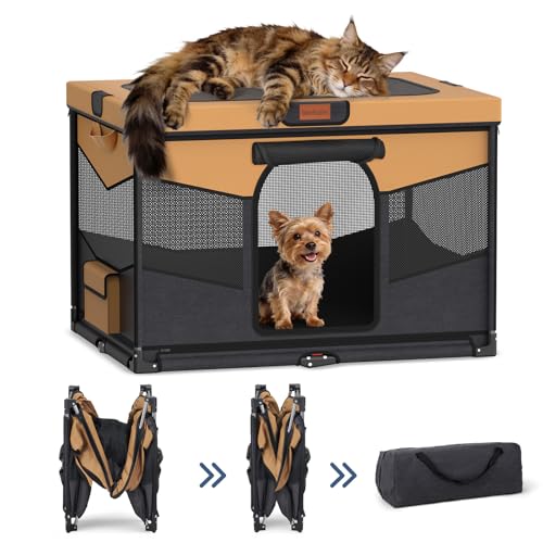 LOOBANI Foldable Dog Playpen for Small Dogs- Indoor/Outdoor Puppy Playpen with Removable Washable Fabric Enclosure, Sturdy Steel Frame & 690D Oxford Cloth,Portable Crate for Puppies & Cats,32"x24"x22" - color: Black-Brown