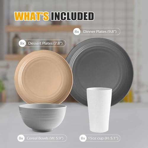 Teivio 32-Piece Kitchen Plastic Wheat Straw Dinnerware Set, Service for 8, Unbreakable Plates, Bowls and Cups Set, Farmhouse Outdoor Camping Dishes for Rustic Life/Country/Vintage, Country - color: Country