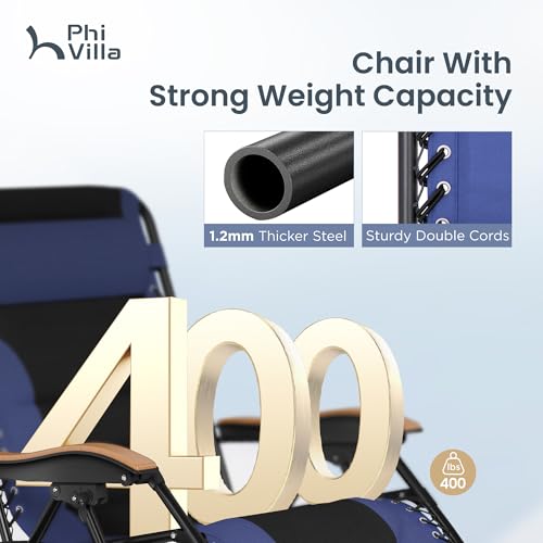 PHI VILLA XXL Oversized Padded Zero Gravity Chair Set of 2, Foldable Patio Recliner, 30" Wide Seat Anti Gravity Lounger with Armrest and Cup Holder, Support 400 LBS (Navy Blue) - color: Navy Blue, style: 2 Pcs