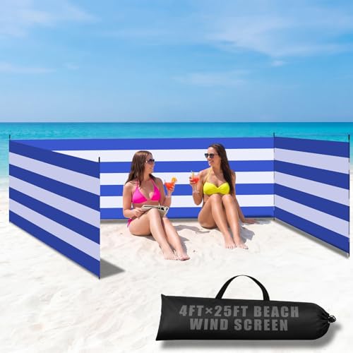 25 x 4 FT Beach Wind Screen Long Blue White Privacy Screen Portable Beach Wind Fence Blocker with 5 Foldable Metal Poles and Carry Bag for Summer Outdoor Sand Protection