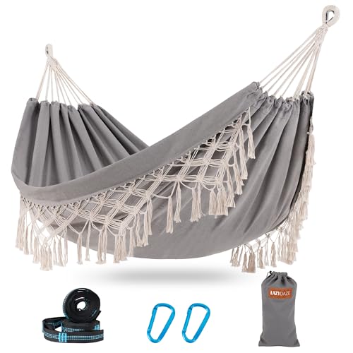 Lazy Daze Hammocks Double Brazilian Cotton Hammock, Extra Large Portable Outdoor Camping Hammock with Tree Straps & Travel Bag for Backyard Patio Poolside Indoor, 550lbs Capacity, Light Gray - color: Light Gray