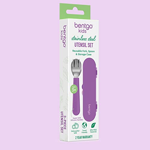 Bentgo Kids Stainless Steel Utensil Set - Reusable Fork, Spoon & Storage Case, PFAS- & BPA-Free, Easy-Grip Handles, Lightweight, Dishwasher Safe, School Lunch, Travel & Outdoors (Purple) - color: Purple