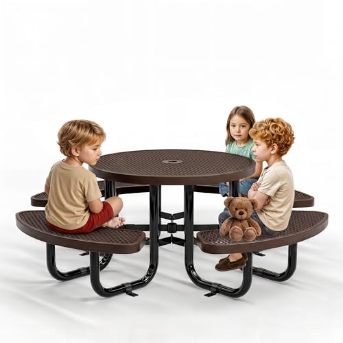 Round Metal Picnic Tables for Kids for Outdoors with Umbrella Hole, Adjustable Seats for School, Park, Playground (Brown, 38 in, Kids, Expanded Steel) - color: Brown, size: 38 In, Kids, Expanded Steel