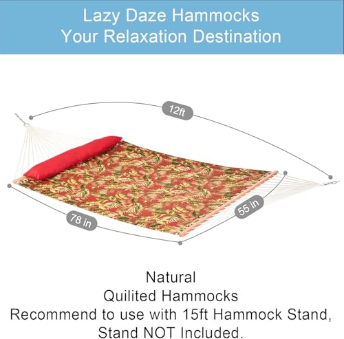 Lazy Daze Hammocks 12FT Quilted Fabric Hammock with Soft Pillow, Double 2 Person Tree Hammock with Spreader Bar for Outside Patio Poolside Backyard Beach, 450 lbs Capacity, Red Leaf - color: Floral Red