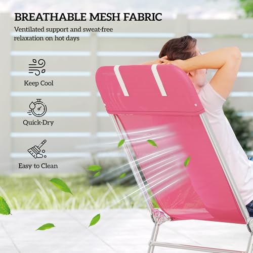 Outsunny Folding Chaise Lounge Chair, Pool Sun Tanning Chair, Outdoor Lounge Chair with Reclining Back, Breathable Mesh Seat, Headrest for Beach, Yard, Patio, Pink