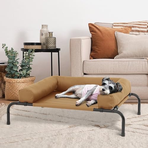 MoNiBloom Outdoor Elevated Dog Bed w/Removable Bolster, Portable Raised Outdoor Dog Bed with Stable Anti-Slip Feet & Breathable Mesh, 35.5 Inches Length, Light Brown - color: Light Brown, size: 35.5"L