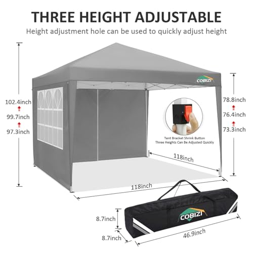 COBIZI 10x10 Pop Up Canopy Tent with 4 Sidewalls, Easy Set Up Canopy 10x10 Waterproof Commercial Outdoor Gazebo Portable Shelter Instant Tents for Parties,Backyard,Flea Market(Carrying Bag×1,Grey