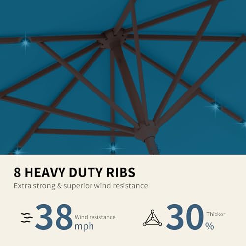 9FT Patio Umbrella with Solar Lights,Outdoor Market Umbrella with Tilt and Crank, LED Lighted Table Umbrella for Garden,Deck,Backyard,Pool,Beach (Lake Blue) - color: Lake Blue