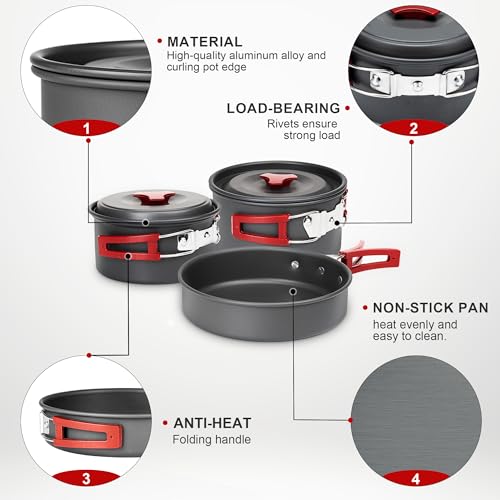 Alocs Camping Cookware Set - Lightweight Camping Pots and Pans - Portable Outdoor Cookware with Kettle - Camping Cookware Mess Kit for 2 - style: Value Kit (13-piece)