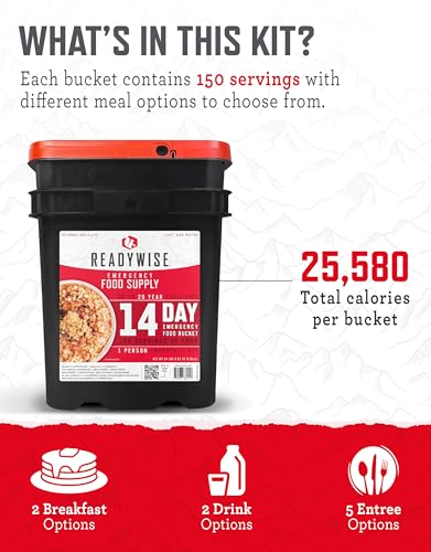 ReadyWise Emergency Food Supply - 14 Day, 150 Servings Emergency Freeze Dried Food Bucket, Protein Meals, Camping Essentials, Survival Kit, Disaster Prepping Supplies, up to 25 Year Shelf Life - size: 14 Day