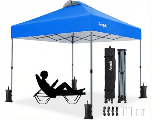 Amada 10x10 Pop Up Canopy Tent, 1-Button Push Easy-up Outdoor Canopy Beach Tent with 3-Height Adjustable Waterproof Shade Shelter, Wheeled STO-N-Go Bag 8 Stakes, 4 SandBags (Blue) - color: Blue, size: 10x10ft