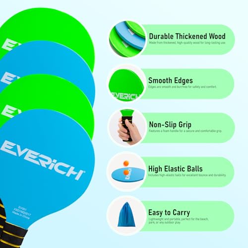 Paddle Ball Set – Indoor & Outdoor Racket Game for Kids, Teens, and Adults, Badminton & Camping Games Essentials, Fun for Beach, Yard, and Lawn Play All Year Round - color: Wooden Bule Green, size: 4 Paddles 4 Balls