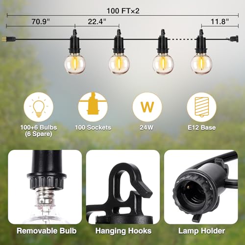 ZJOJO 200FT Outdoor String Lights, G40 Globe Outdoor Lights with 100 Shatterproof LED Bulbs (6 Spare), 2700K Hanging Waterproof Patio Light, Connectable String Lights for Outside Backyard Porch Party - size: 100ft*2
