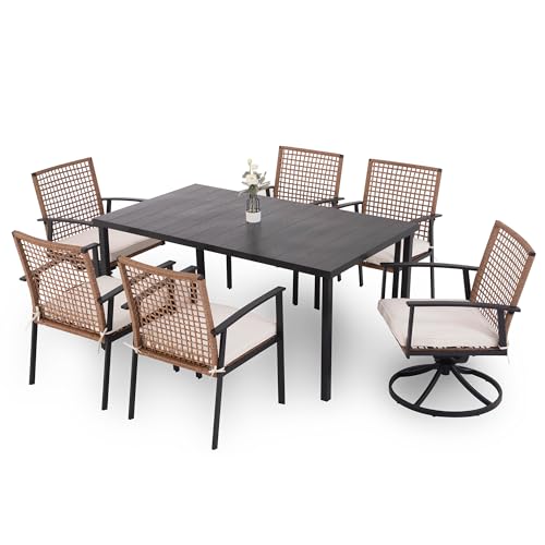 LAUSAINT HOME 7 Pieces Patio Dining Set, Outdoor Furniture Set of 6 Wicker Chairs (2 of Them Swivel) with Soft Cushion and Iron Slats Table Top with Umbrella Hole, Conversation Set for Backyard - color: Pe Rattan Black Fixed+swivel Chairs, size: 7-Piece