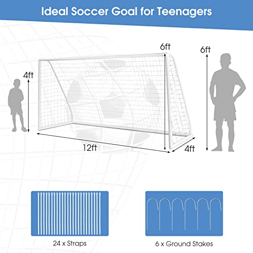 HONEY JOY 12FT x 6FT Soccer Goal for Backyard, Heavy Duty Steel Frame Soccer Net for Kids, Easy Setup, Ground Stakes, Portable Weather Resistant Football Shooting Training Aid, Gift for Kids
