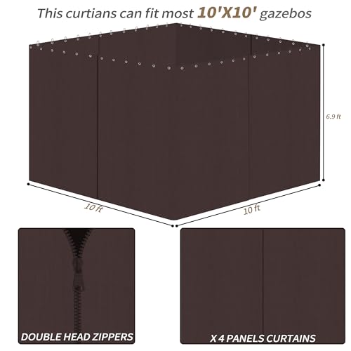 Gazebo Privacy Curtains 10' x 10' with Zipper 4-Panels Side Wall Universal Replacement for Patio, Outdoor Canopy, Garden and Backyard Coffee Brown(Curtain Only) - color: Coffee, size: 10' x 10'