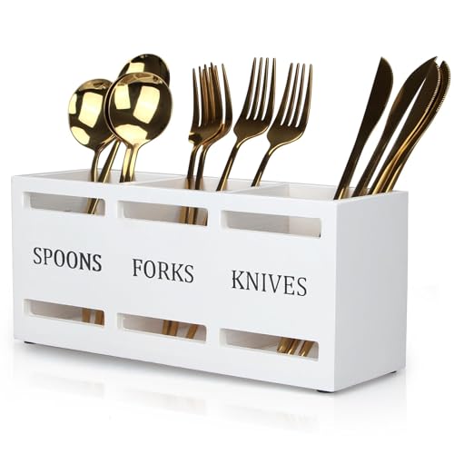 Wooden Silverware Cutlery Holder White Flatware Caddy Small Kitchen Utensil Holders for Party Wood Silverware Organizer Storage for Table Countertop Spoon and Fork Holder Utensils Caddy Basket - color: White