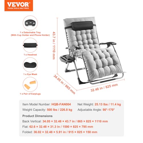 VEVOR Zero Gravity Chair, 33 inch Zero Gravity Recliner Lounge Chair for Indoor and Outdoor, Adjustable Anti Gravity Chair with Cushion, Headrest, Footrest, and Cupholder, 500 lbs, Gray - color: Grey, size: 33 Inch