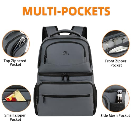 MATEIN Cooler Backpack, 26 Cans Insulated Lunch Backpack for Men Women, Leakproof Double Layer Lunch Cooler Bag Lightweight Soft Lunch Backpack with Cooler Compartment, Beach Camping Hiking Beer Gifts - color: Austere Grey, size: 26 Cans